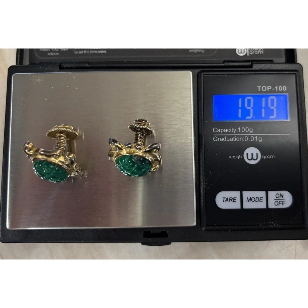 Stephen Dweck Sterling Silver‎ 925 Carved Green Agate Men's Cufflinks
